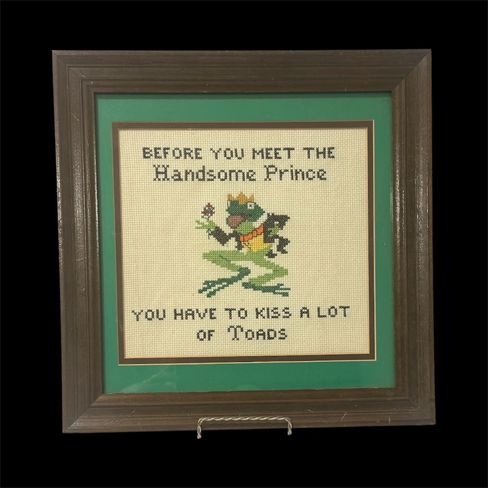 Vintage Framed Frog Cross-Stitch Art. The back paper will need to be replaced.